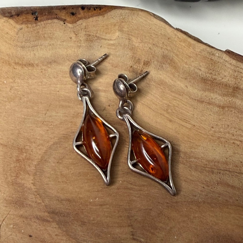 925 Sterling Silver Amber Earrings Womens Cognacβ Marquise Geometric Vintage OS